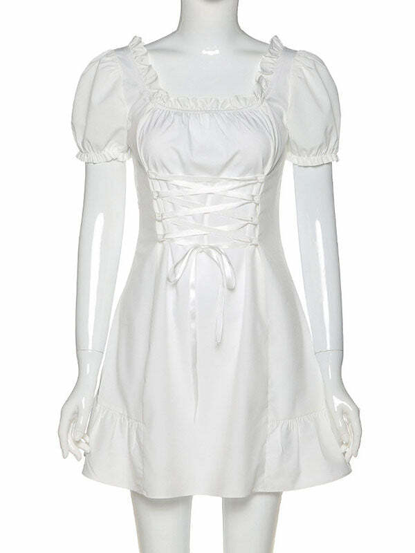 Y2K Coquette Aesthetic Square Neck Puff Sleeve Dress - Cute & Comfy for Every Occasion