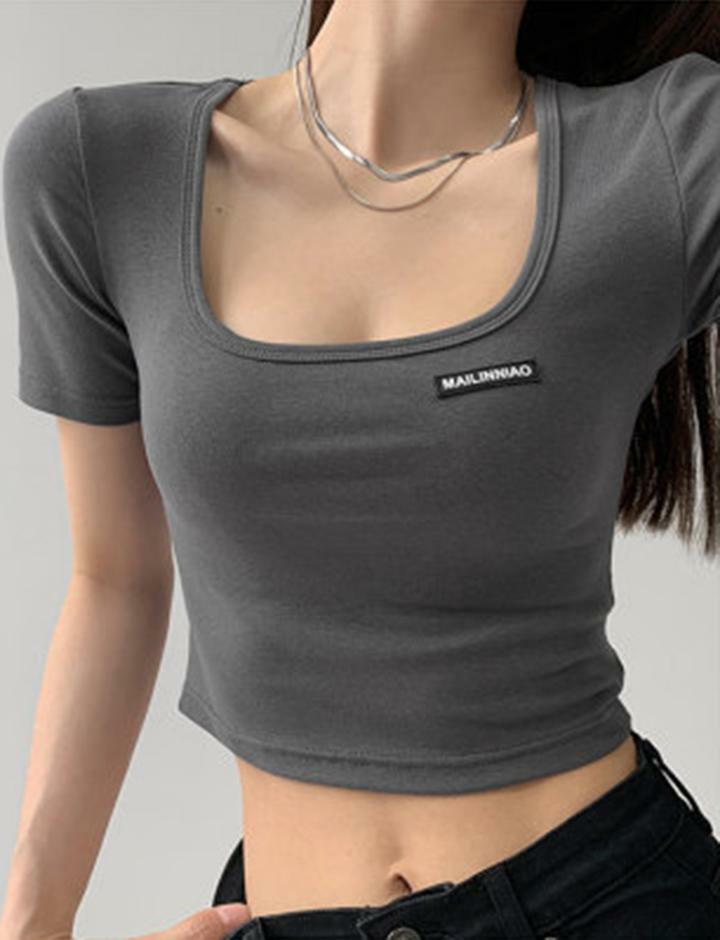 Y2K Coquette Aesthetic Square Neck Slim Fit Cropped T-Shirt for Cute Outfits & Grunge Style