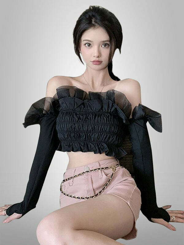 Y2K Coquette Off Shoulder Top - Cute Pastel Goth Aesthetic for Trendy Outfits