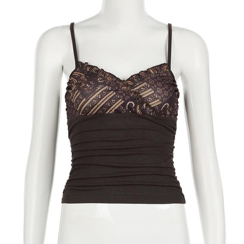 Y2K Coquette Ruched Cami Top - Cute Patchwork Design for Aesthetic Outfits