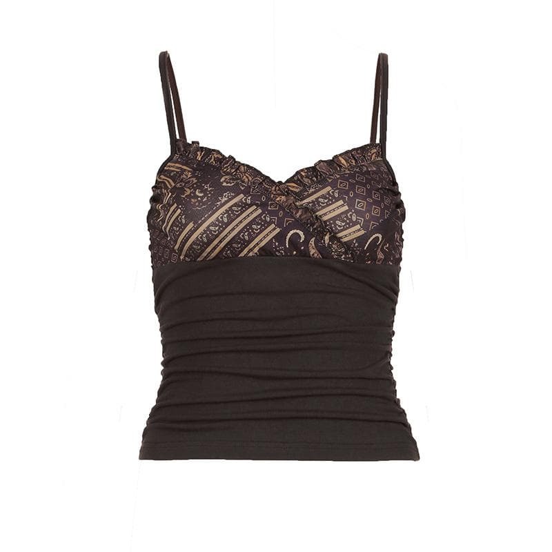 Y2K Coquette Ruched Cami Top - Cute Patchwork Design for Aesthetic Outfits