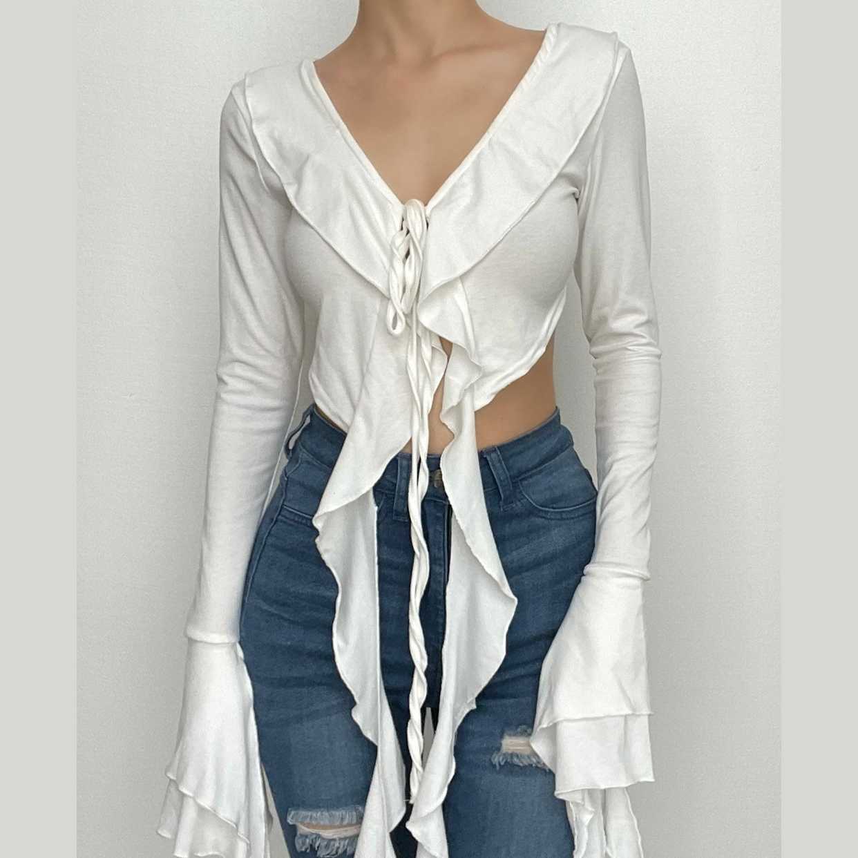 Y2K Coquette Ruffle Crop Top with Flared Sleeves - Cute Button-Up for Aesthetic Outfits