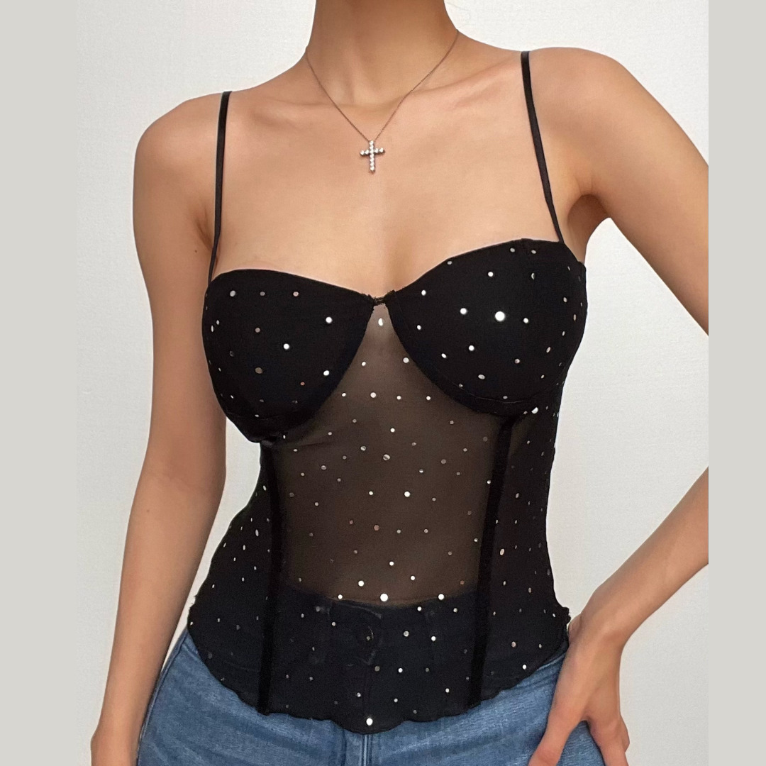 Y2K Coquette Ruffle Glitter Backless Mesh Cami Top - Cute Pastel Goth Aesthetic