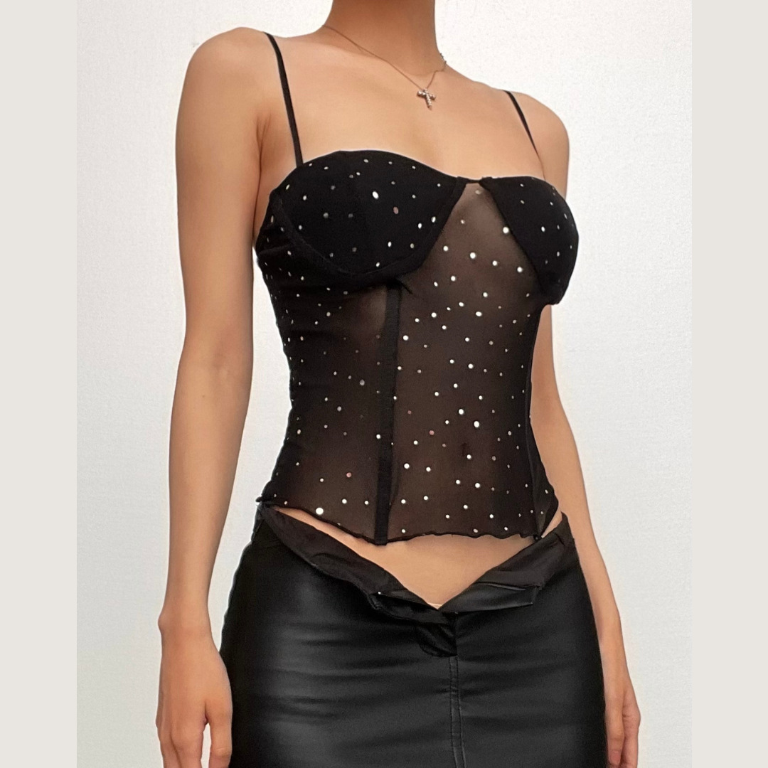 Y2K Coquette Ruffle Glitter Backless Mesh Cami Top - Cute Pastel Goth Aesthetic