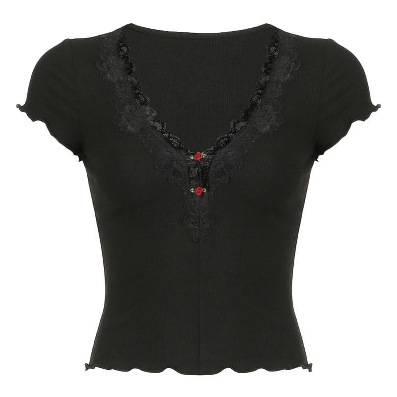 Y2K Coquette Ruffle Lace Hem Ribbed Top - Cute Pastel Goth Aesthetic Short Sleeve Tee
