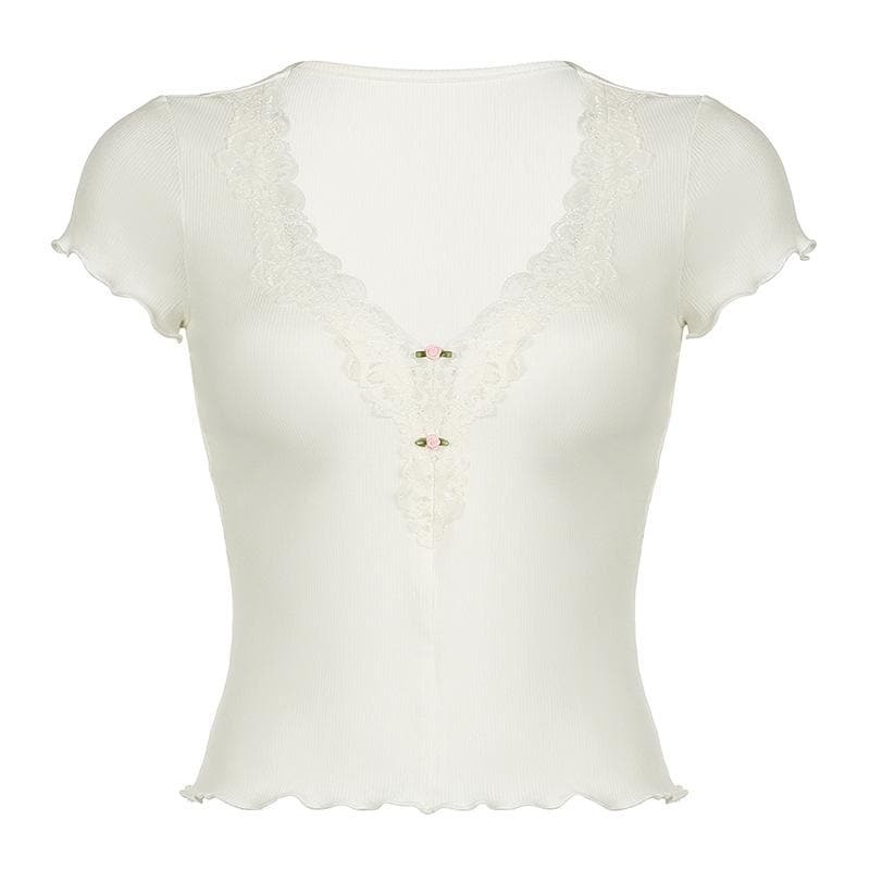 Y2K Coquette Ruffle Lace Hem Ribbed Top - Cute Pastel Goth Aesthetic Short Sleeve Tee