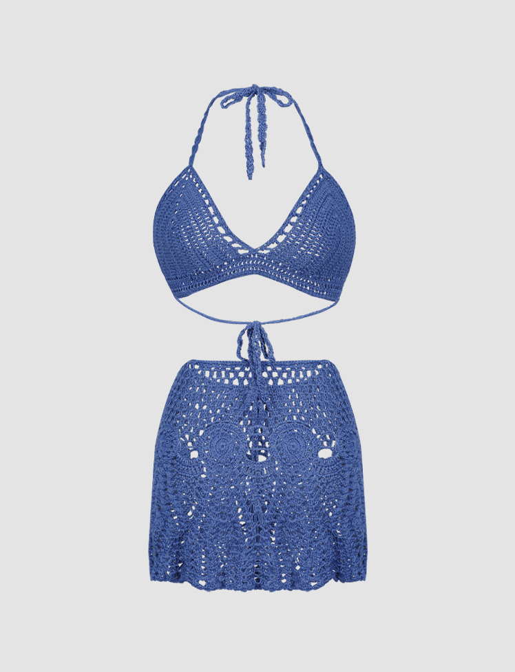 Y2K Crochet Halter Top & Cargo Skirt Set - Coquette Aesthetic with Grunge Vibes