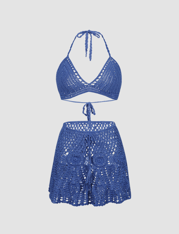 Y2K Crochet Halter Top & Cargo Skirt Set - Coquette Aesthetic with Grunge Vibes