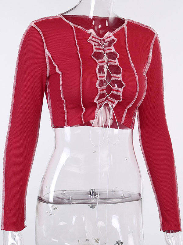 Y2K Cut-Out Lace-Up Top - Grunge Aesthetic Cute Crop Top for Coquette Style Outfits
