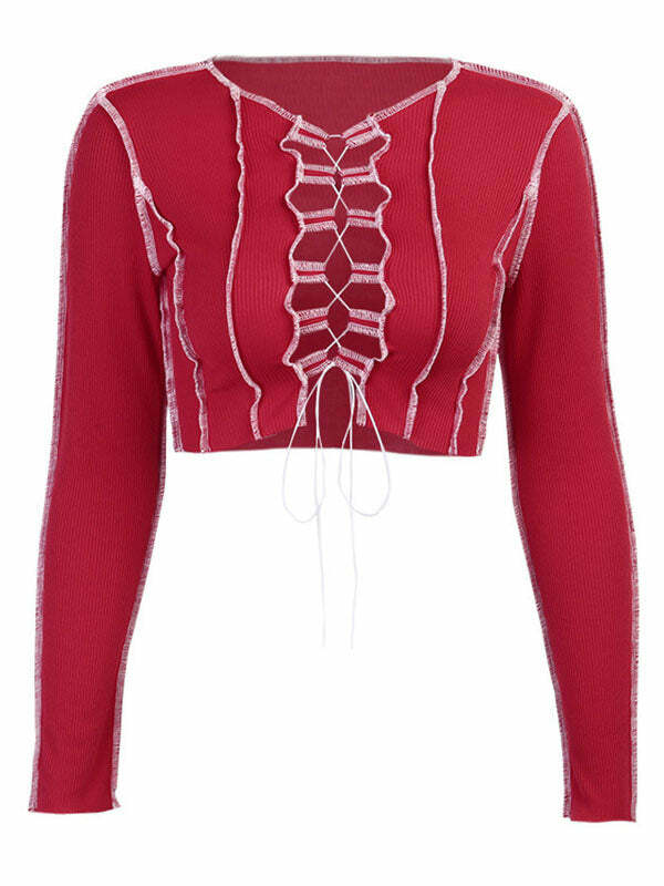 Y2K Cut-Out Lace-Up Top - Grunge Aesthetic Cute Crop Top for Coquette Style Outfits