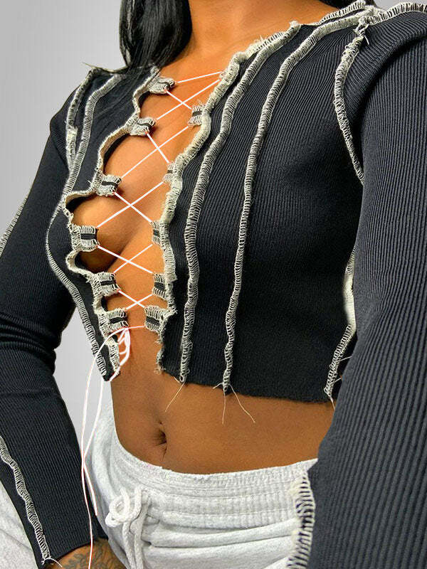 Y2K Cut-Out Lace-Up Top - Grunge Aesthetic Cute Crop Top for Coquette Style Outfits