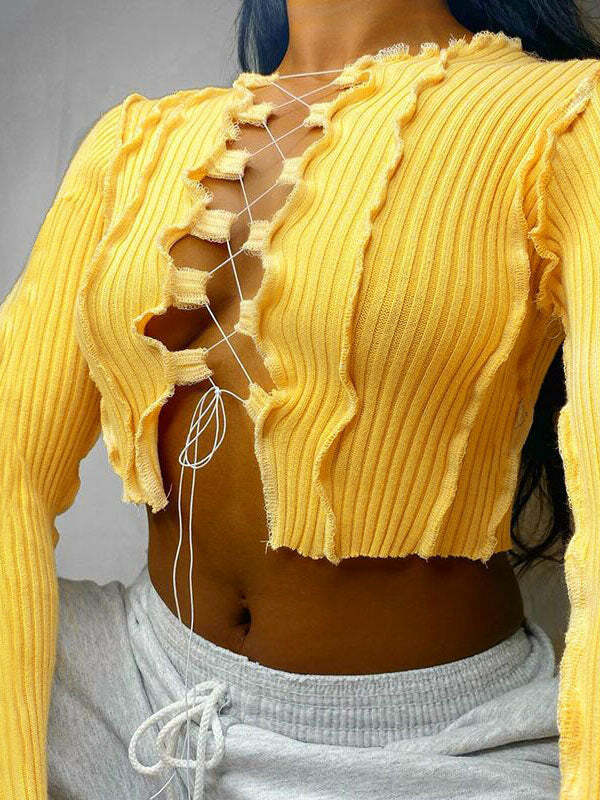 Y2K Cut-Out Lace-Up Top - Grunge Aesthetic Cute Crop Top for Coquette Style Outfits