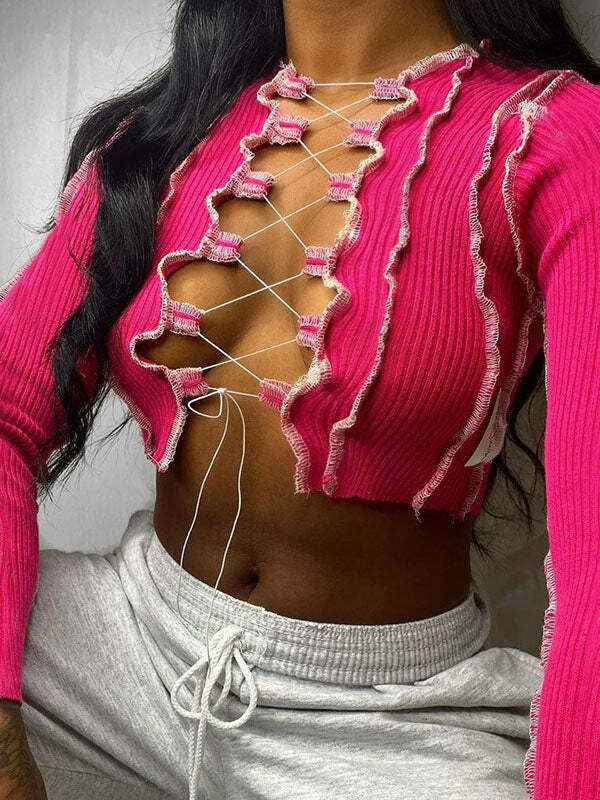 Y2K Cut-Out Lace-Up Top - Grunge Aesthetic Cute Crop Top for Coquette Style Outfits