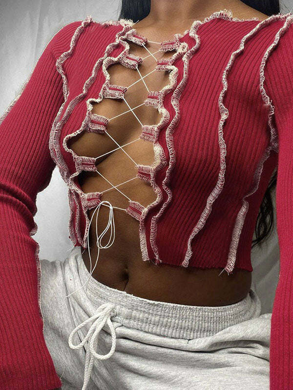 Y2K Cut-Out Lace-Up Top - Grunge Aesthetic Cute Crop Top for Coquette Style Outfits