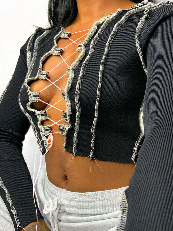 Y2K Cut-Out Lace-Up Top - Grunge Aesthetic Cute Crop Top for Coquette Style Outfits