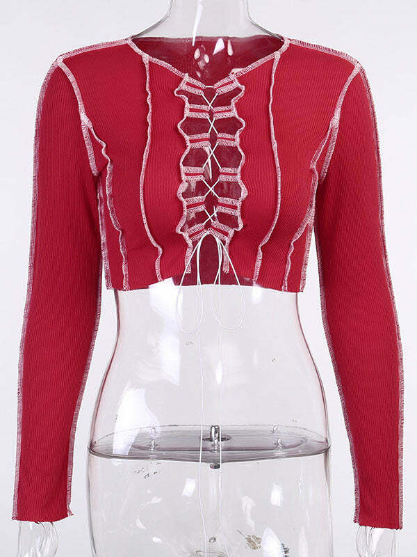 Y2K Cut-Out Lace-Up Top - Grunge Aesthetic Cute Crop Top for Coquette Style Outfits