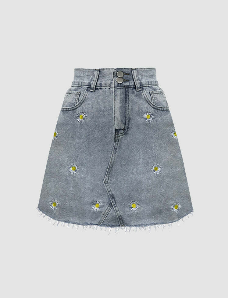 Y2K Daisy Print Denim Skirt - Cute Cargo Style for Coquette & Grunge Aesthetic Lovers