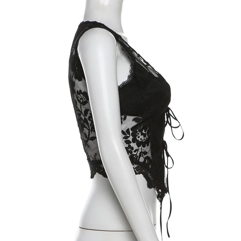 Y2K Deep V Neck Lace Ruffle Top - Cute Coquette Style for Aesthetic Outfits