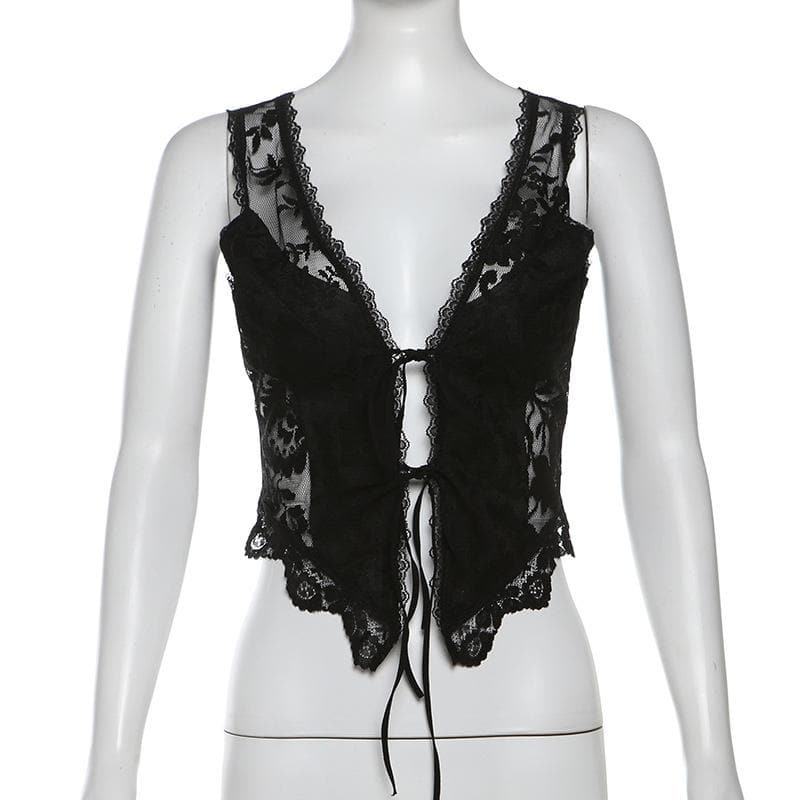 Y2K Deep V Neck Lace Ruffle Top - Cute Coquette Style for Aesthetic Outfits
