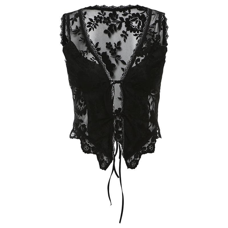 Y2K Deep V Neck Lace Ruffle Top - Cute Coquette Style for Aesthetic Outfits