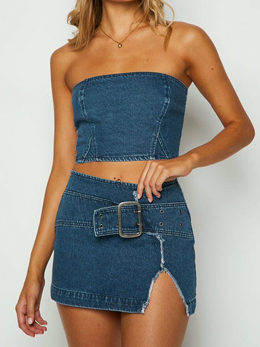 Y2K Denim Bandeau Top & Slit Hem Mini Skirt Set - Cute Coquette Aesthetic Outfit