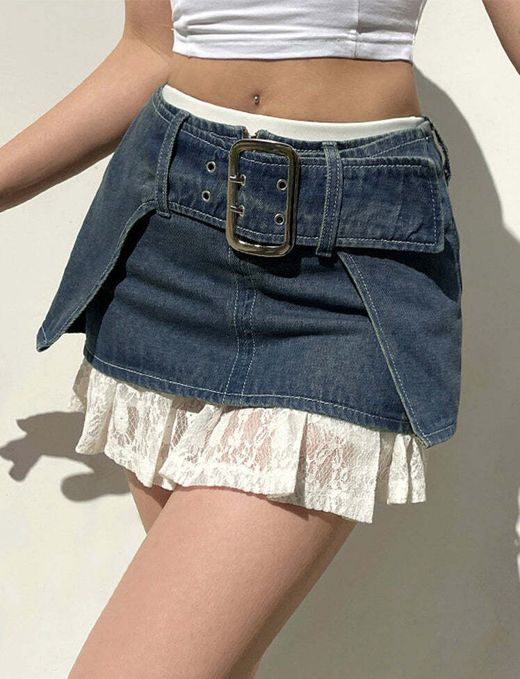Y2K Denim Buckle Low Waist Cargo Skirt - Grunge Aesthetic & Coquette Style Essential