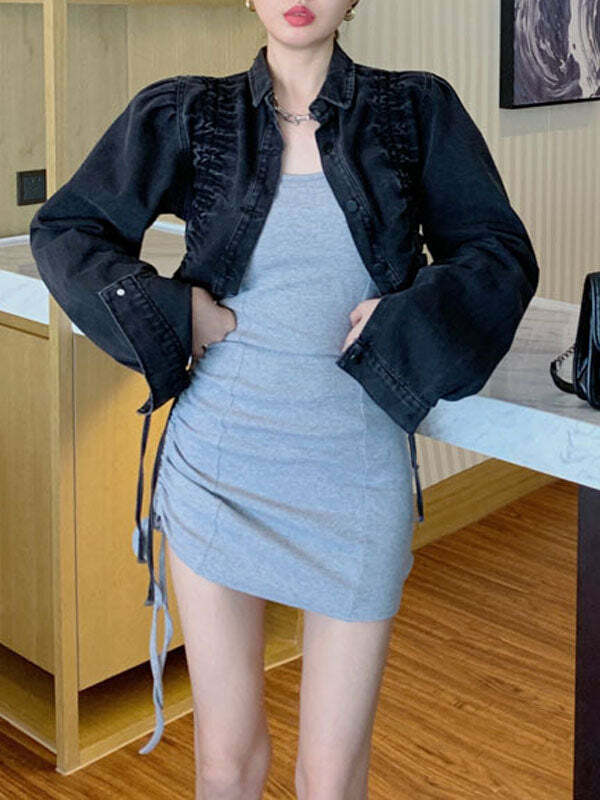 Y2K Denim Drawstring Pleated Jacket - Grunge Aesthetic Layering Piece for Cute Outfits
