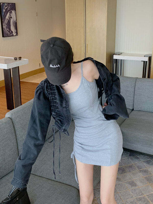 Y2K Denim Drawstring Pleated Jacket - Grunge Aesthetic Layering Piece for Cute Outfits