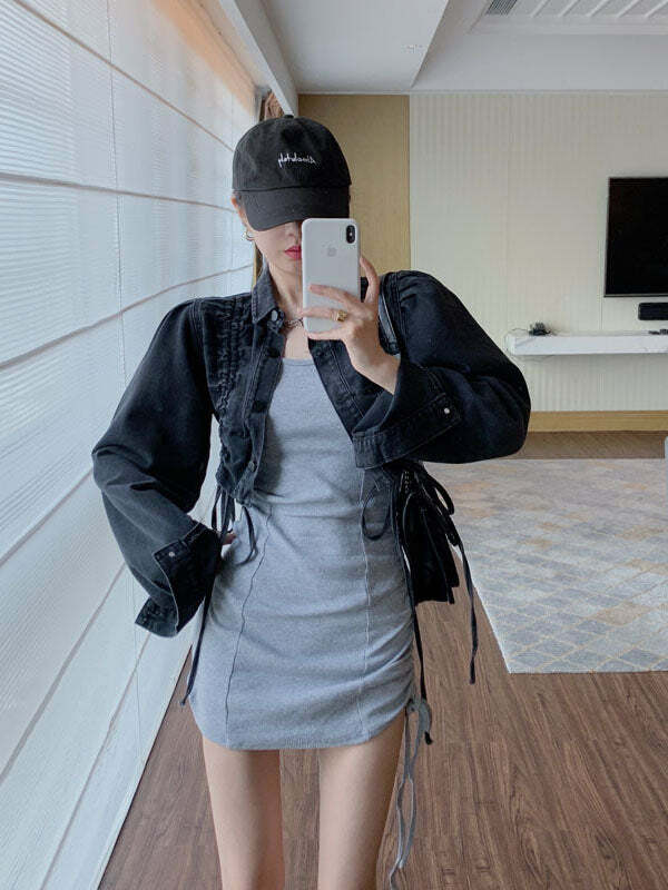 Y2K Denim Drawstring Pleated Jacket - Grunge Aesthetic Layering Piece for Cute Outfits