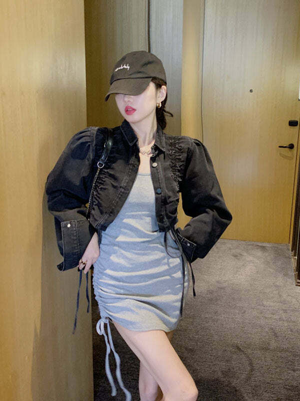 Y2K Denim Drawstring Pleated Jacket - Grunge Aesthetic Layering Piece for Cute Outfits