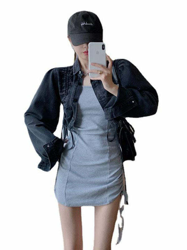 Y2K Denim Drawstring Pleated Jacket - Grunge Aesthetic Layering Piece for Cute Outfits