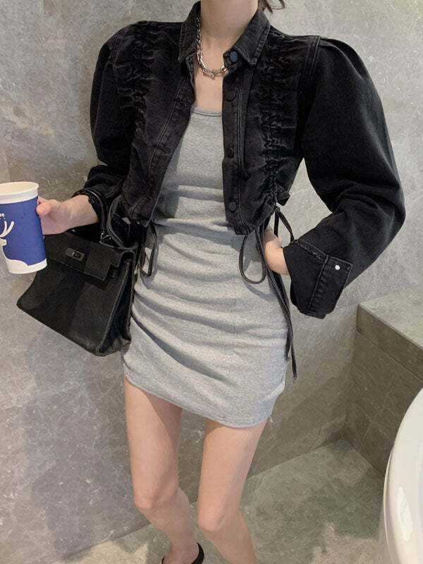 Y2K Denim Drawstring Pleated Jacket - Grunge Aesthetic Layering Piece for Cute Outfits