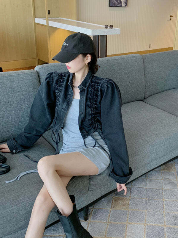 Y2K Denim Drawstring Pleated Jacket - Grunge Aesthetic Layering Piece for Cute Outfits