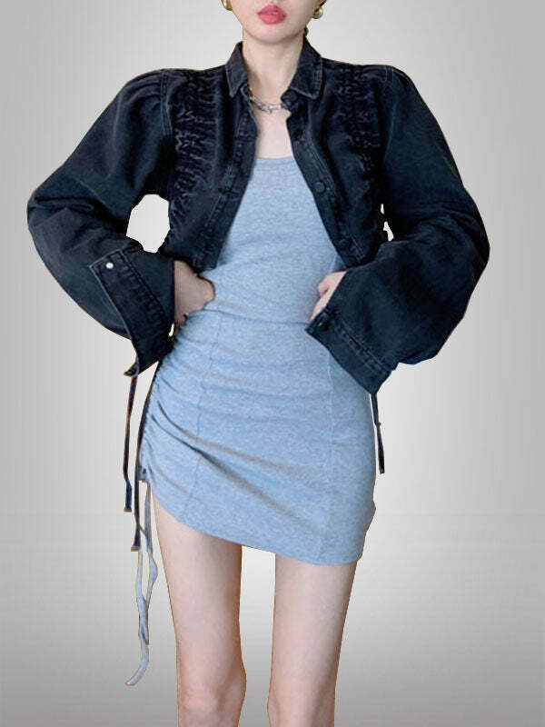 Y2K Denim Drawstring Pleated Jacket - Grunge Aesthetic Layering Piece for Cute Outfits