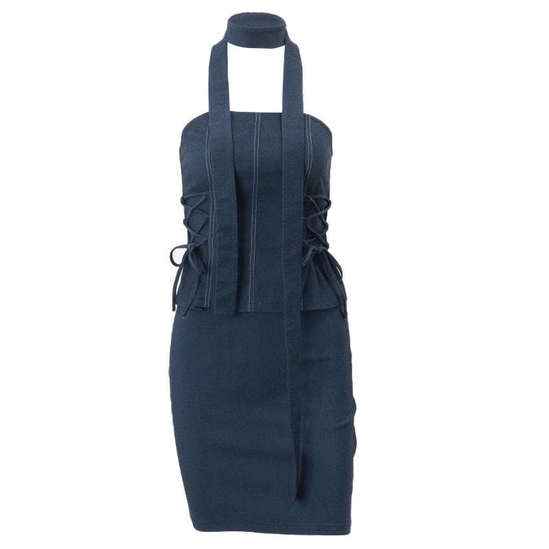 Y2K Denim Lace-Up Ruched Backless A-Line Tube Mini Skirt Set for Coquette & Grunge Aesthetics