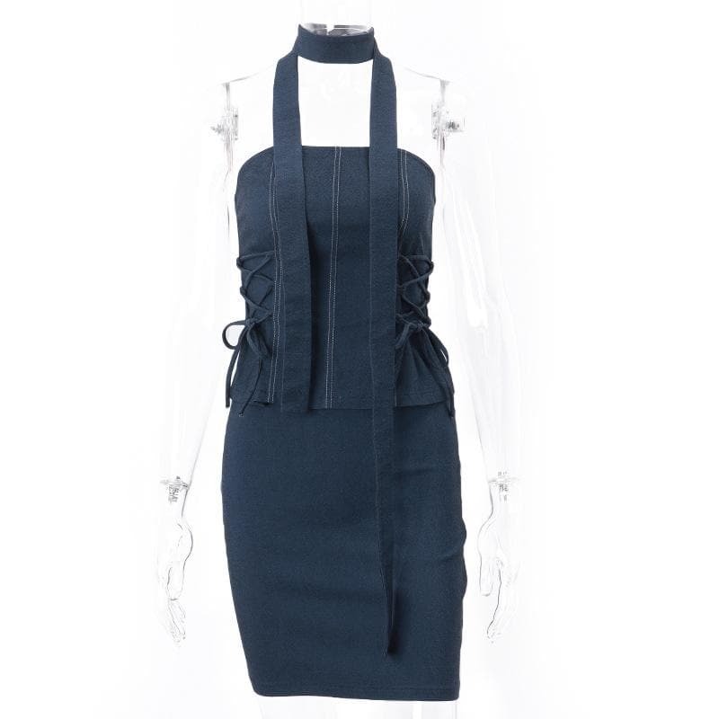 Y2K Denim Lace-Up Ruched Backless A-Line Tube Mini Skirt Set for Coquette & Grunge Aesthetics
