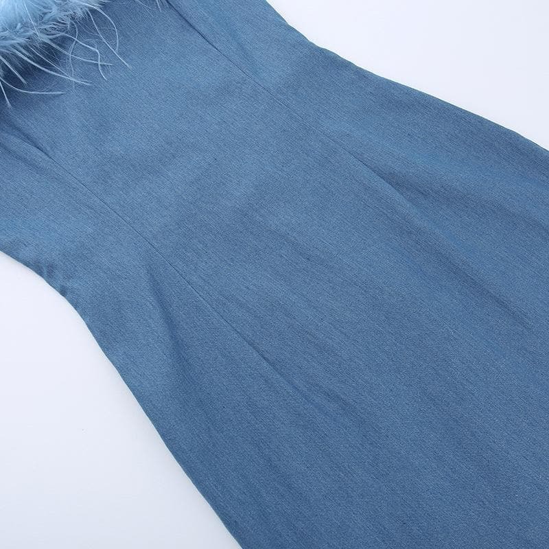 Y2K Denim Mini Dress - Off Shoulder, Backless Zip-Up, Grunge & Coquette Aesthetic