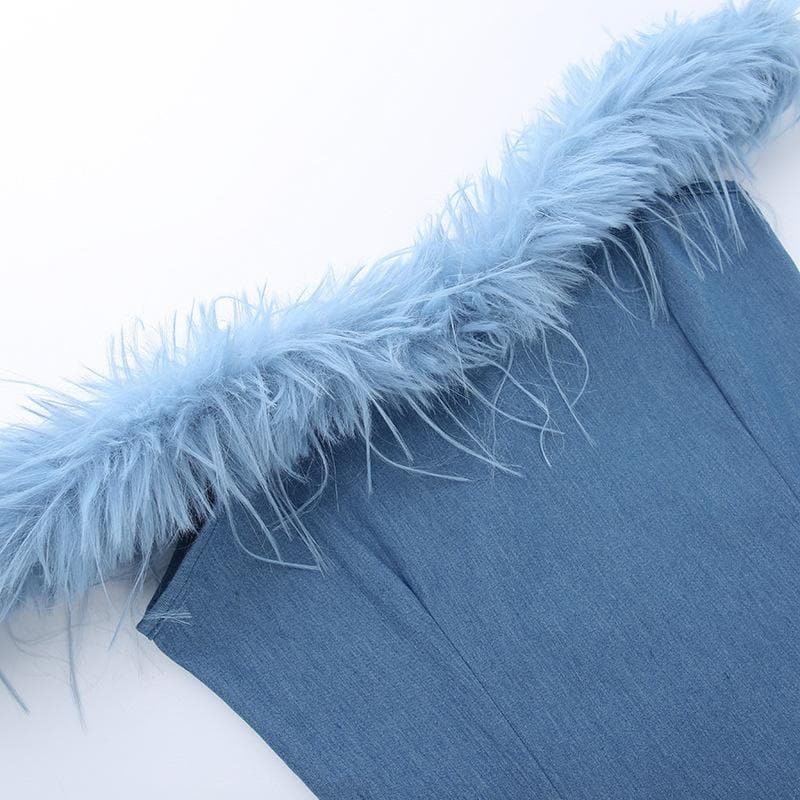 Y2K Denim Mini Dress - Off Shoulder, Backless Zip-Up, Grunge & Coquette Aesthetic