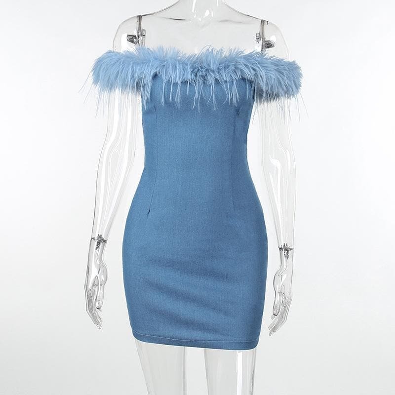 Y2K Denim Mini Dress - Off Shoulder, Backless Zip-Up, Grunge & Coquette Aesthetic
