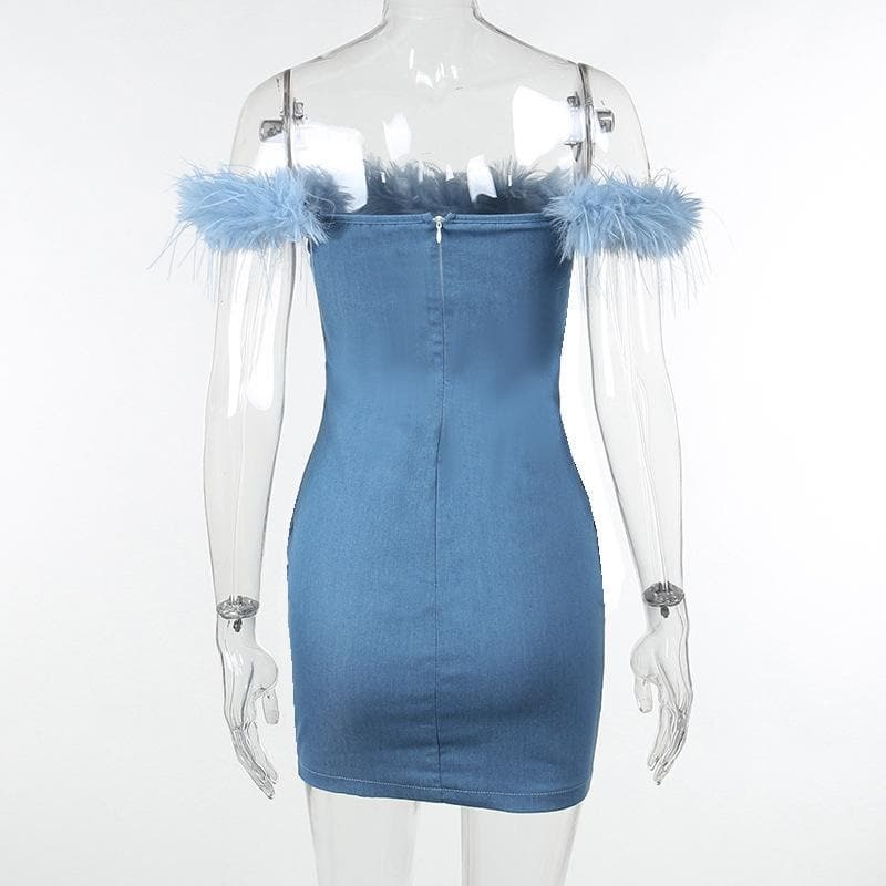 Y2K Denim Mini Dress - Off Shoulder, Backless Zip-Up, Grunge & Coquette Aesthetic