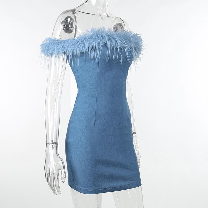 Y2K Denim Mini Dress - Off Shoulder, Backless Zip-Up, Grunge & Coquette Aesthetic