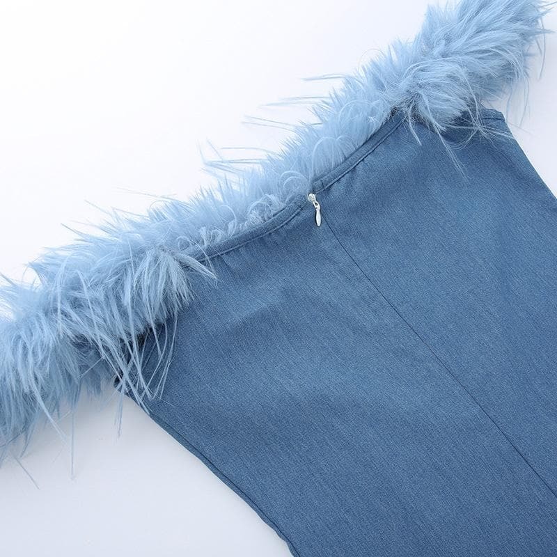 Y2K Denim Mini Dress - Off Shoulder, Backless Zip-Up, Grunge & Coquette Aesthetic