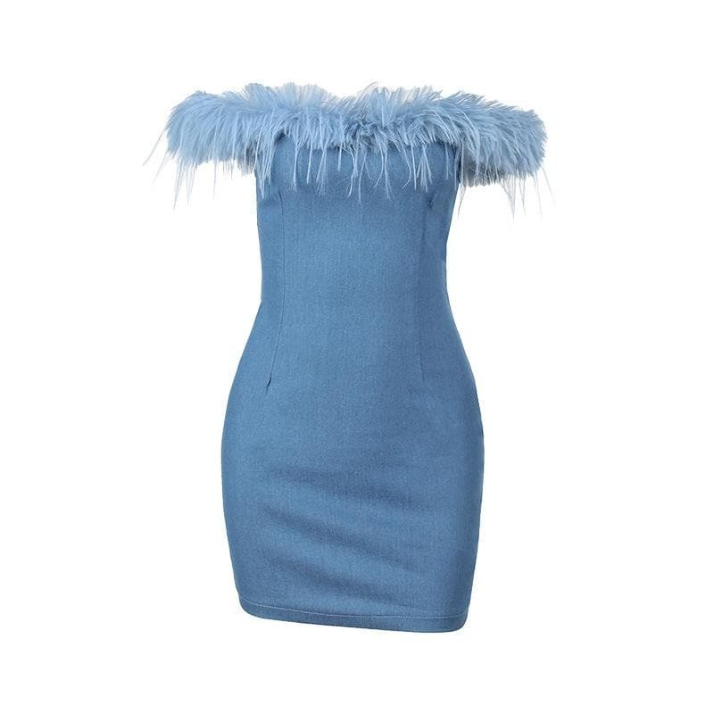 Y2K Denim Mini Dress - Off Shoulder, Backless Zip-Up, Grunge & Coquette Aesthetic
