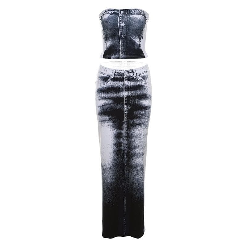 Y2K Denim Print Slit Backless Tube Maxi Skirt Set - Grunge Aesthetic & Coquette Style