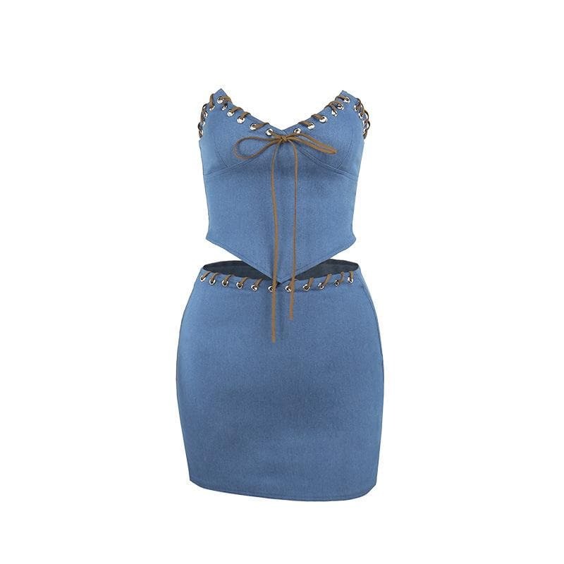 Y2K Denim Sweetheart Neck Knotted Zip-Up Tube Mini Skirt Set for Coquette & Grunge Aesthetics