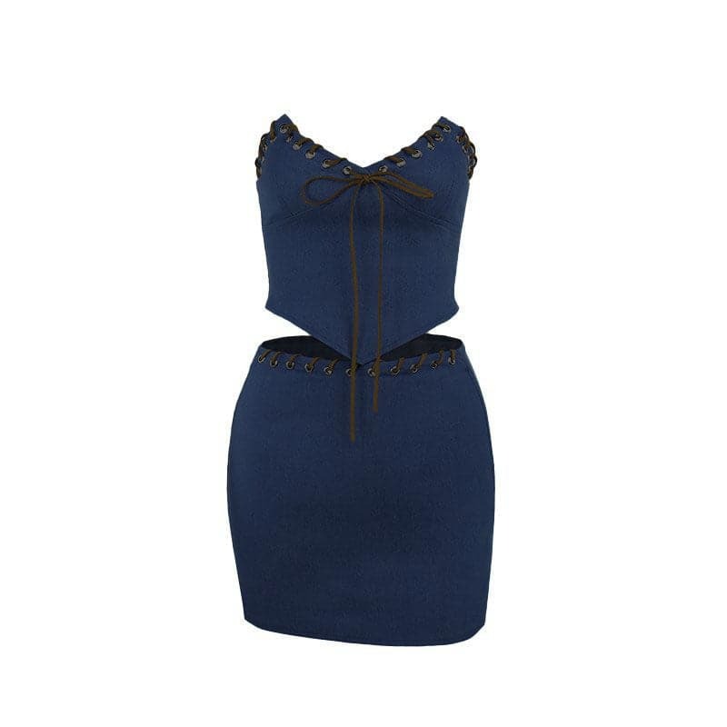 Y2K Denim Sweetheart Neck Knotted Zip-Up Tube Mini Skirt Set for Coquette & Grunge Aesthetics