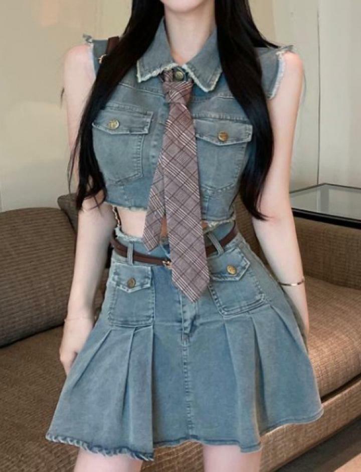 Y2K Denim Vest & High Waist A-Line Skirt Set - Cute Coquette & Grunge Aesthetic Outfit