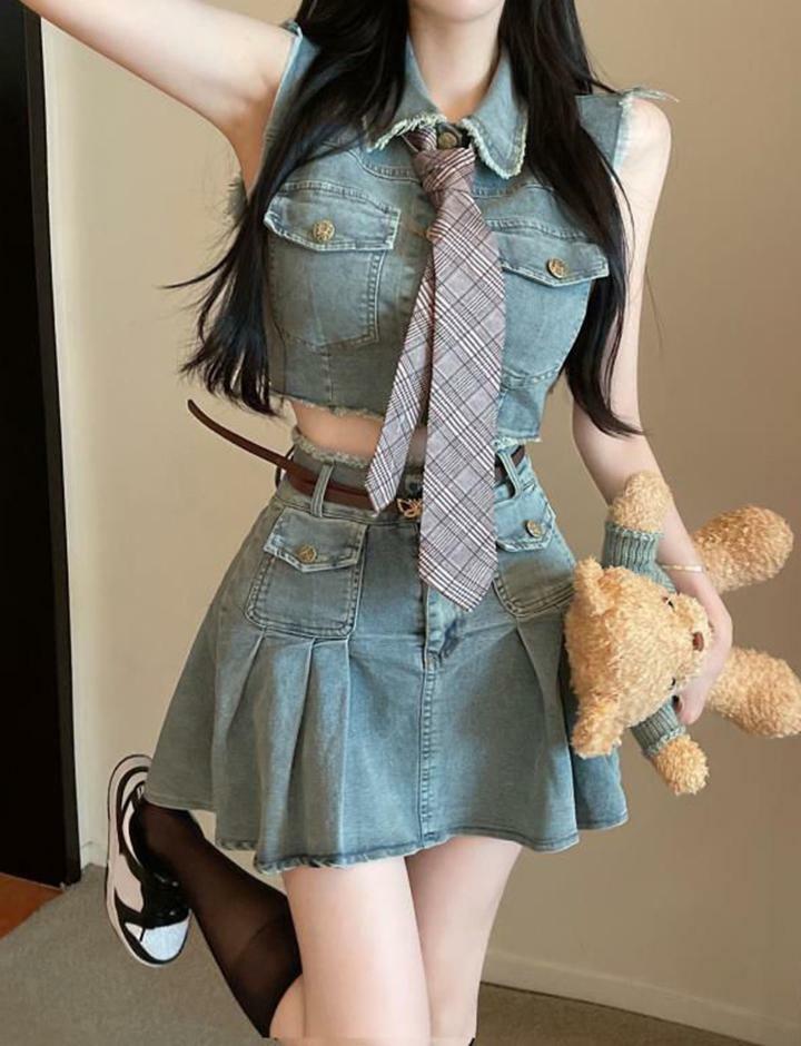 Y2K Denim Vest & High Waist A-Line Skirt Set - Cute Coquette & Grunge Aesthetic Outfit
