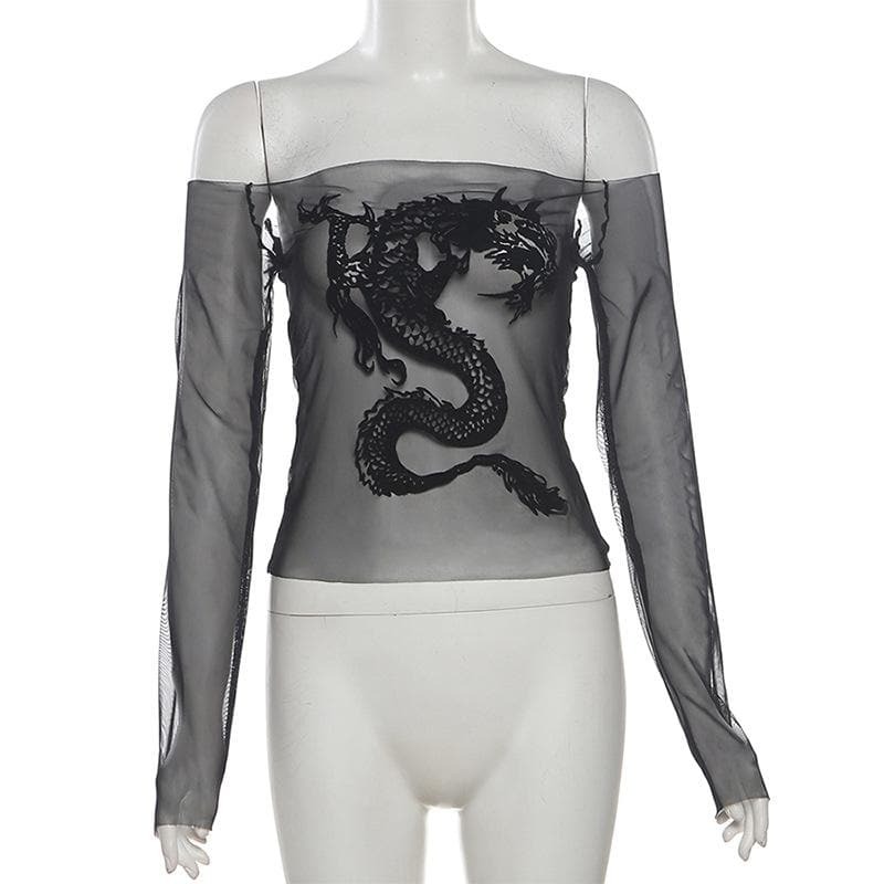 Y2K Dragon Print Sheer Mesh Top - Off Shoulder Grunge Aesthetic Long Sleeve Cute Top