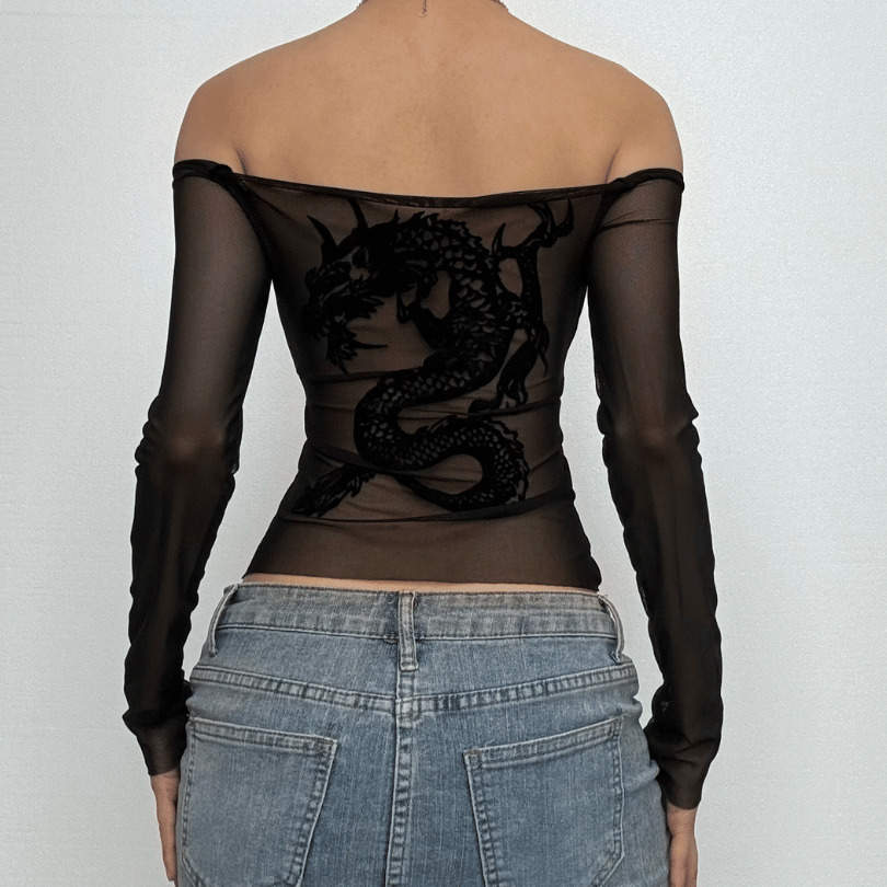 Y2K Dragon Print Sheer Mesh Top - Off Shoulder Grunge Aesthetic Long Sleeve Cute Top